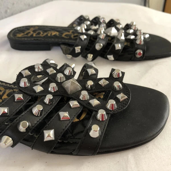 Sam Edelman Shoes Womens Size 7.5 Black Studded Leather Slides Sandals BEATRIS