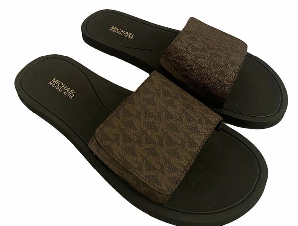 Michael Kors Wade Slide MK Signature Logo Sandals Adjust Closure Brown SZ 11 New