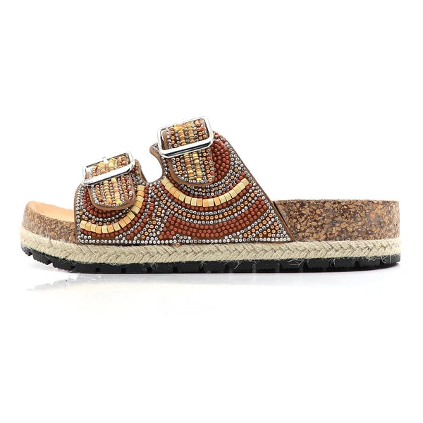 Glaze Women's Beaded Rhinestone Sandal Buckle Cork Footbed Slides Bohemian Style