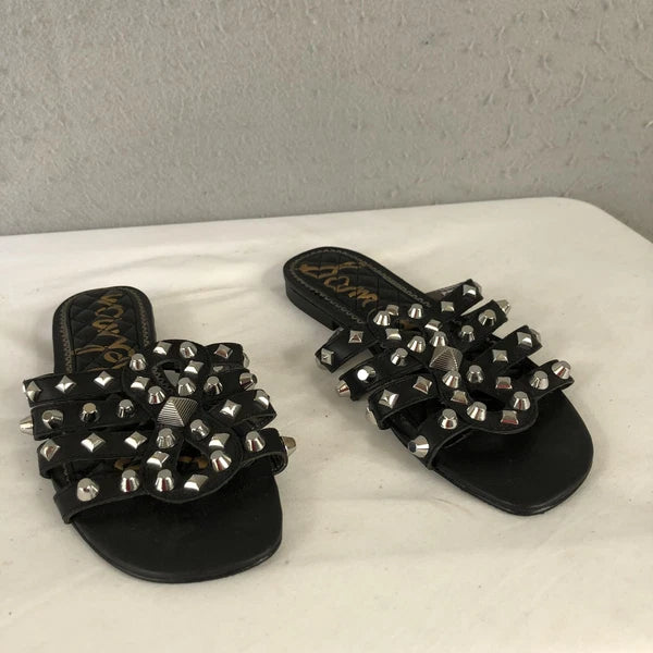 Sam Edelman Shoes Womens Size 7.5 Black Studded Leather Slides Sandals BEATRIS