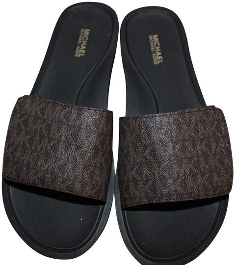 Michael Kors Wade Slide MK Signature Logo Sandals Adjust Closure Brown SZ 11 New