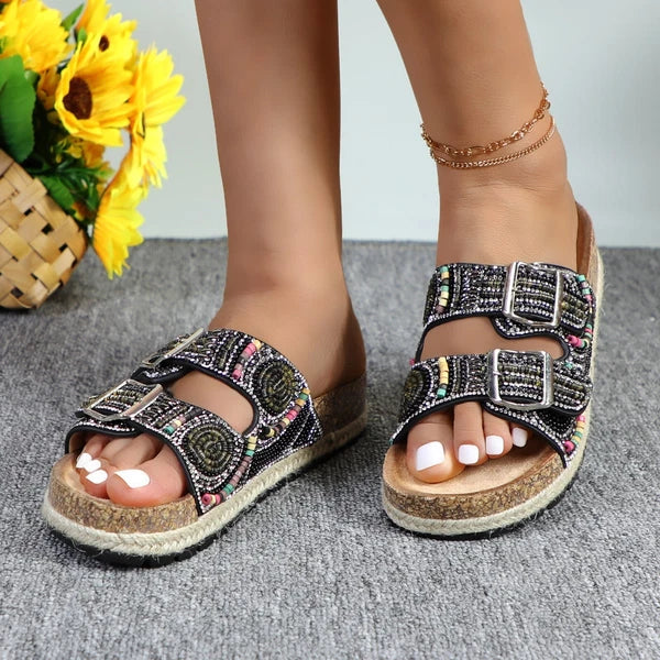 Glaze Women's Beaded Rhinestone Sandal Buckle Cork Footbed Slides Bohemian Style