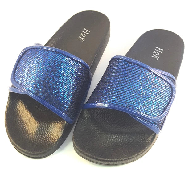 H2K ANNA Glitter Royal Blue Fashion Slides Flip Flops Sandals Bling Glittering