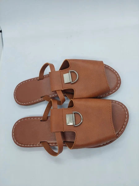 Women Sandals Metal Decor Cut Out Slide Fashionable Brown Flat Size 38 US 7