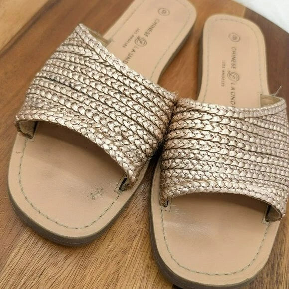 Chinese Laundry Moonshine Slide Sandals 9 Leather Rose Gold Woven Top Flat Comfy