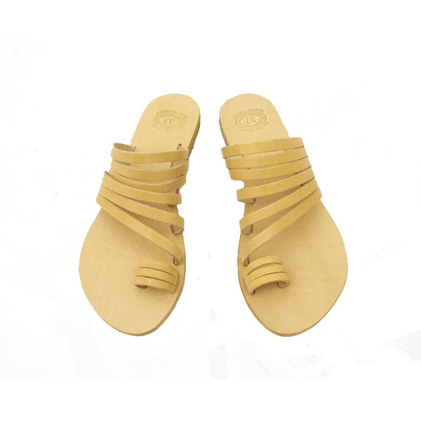 Ancient Greek style real natural leather sandals handmade slide strappy thong