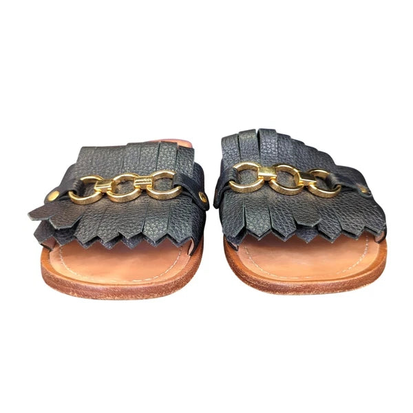 Kate Spade Brie Slide Sandals Black Leather Fringe Chain Size 6.5M Casual