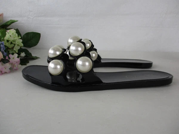 NWT London Rag Black Jelly & Faux Chunky Pearl Fashion Slide Sandals size 6 / 37