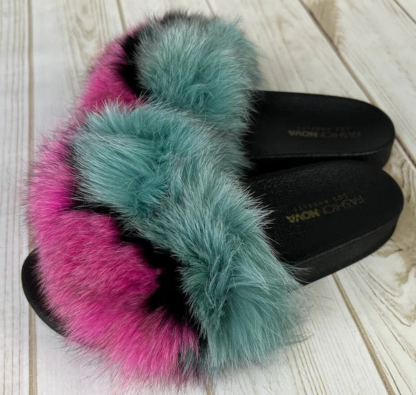 New Fashion Nova Women's Casino Rainbow Baby Slides Size 8 Faux Fur NWB
