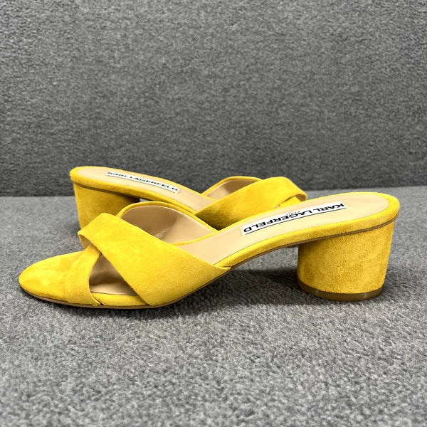 Karl Lagerfeld Sandals Women 7 M Yellow Suede Fawn Canary Slide 2" Block Heel