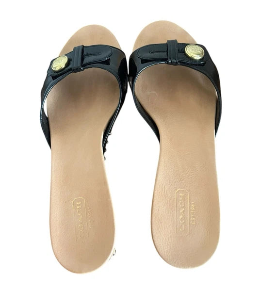 Auth COACH LEE BLK CRINKLE PATENT WOOD SLIDES CLOG SANDAL  SLIP ON  ~ Size 8.5B