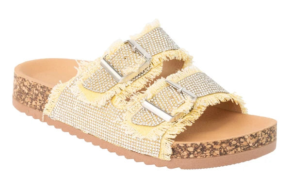 KARAUSA Fashion Rhinestone 2 Buckles Cork Denim Slides Sandals