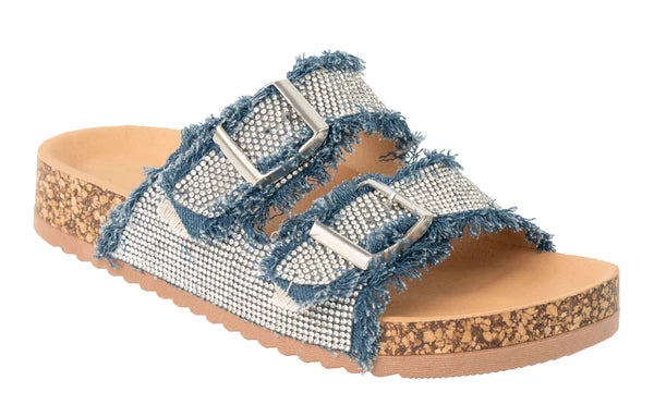 KARAUSA Fashion Rhinestone 2 Buckles Cork Denim Slides Sandals
