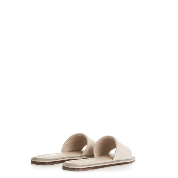 BRUNELLO CUCINELLI 895$ Slide Sandal - Sparkling Monili Trim Beige Leather Shoes