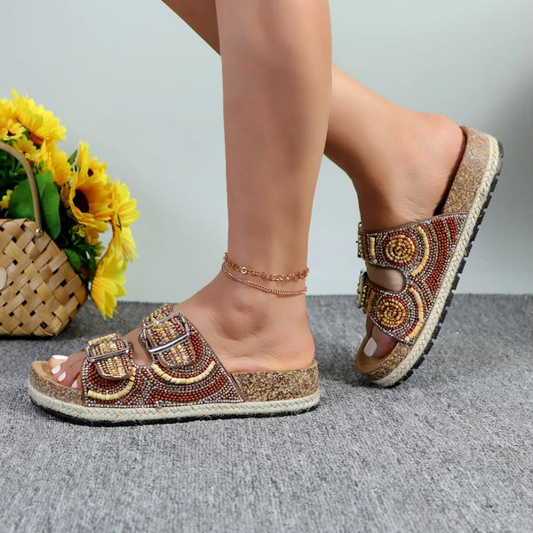 Glaze Women's Beaded Rhinestone Sandal Buckle Cork Footbed Slides Bohemian Style