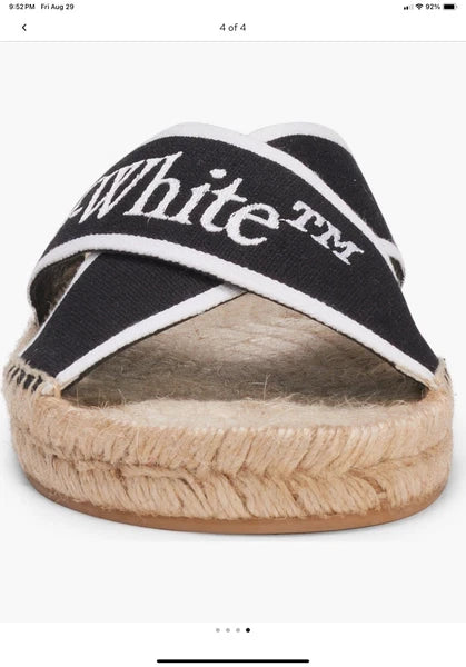Off-White Black & White Logo Cross Strap Espadrille Slide Sandal Size Us8 Eu38