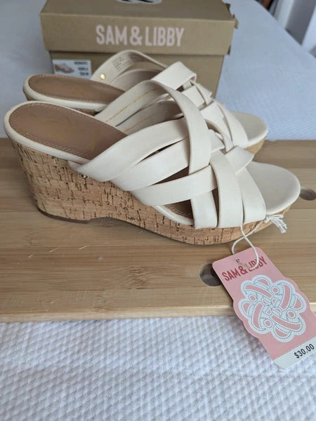 Sam & Libby Womens Cayla Ivory Faux Leather Cork Wedge Slide Size 7 Sandals