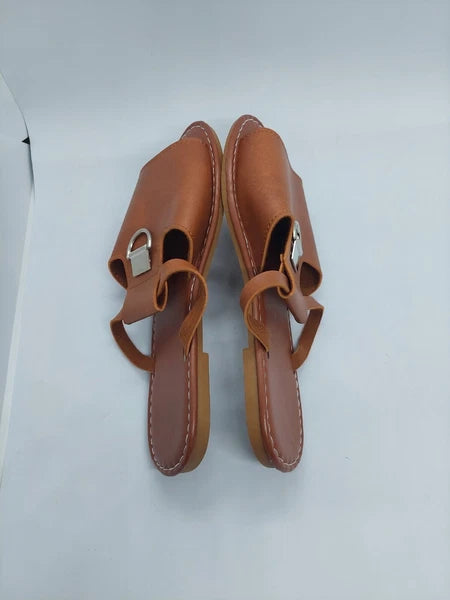 Women Sandals Metal Decor Cut Out Slide Fashionable Brown Flat Size 38 US 7