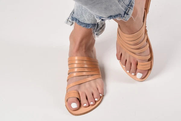 Ancient Greek style real natural leather sandals handmade slide strappy thong