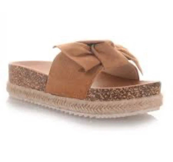 Chic-Casual: Tan Bow-Knot Slide Sandals for Effortless Style Size 9US/ 40EU