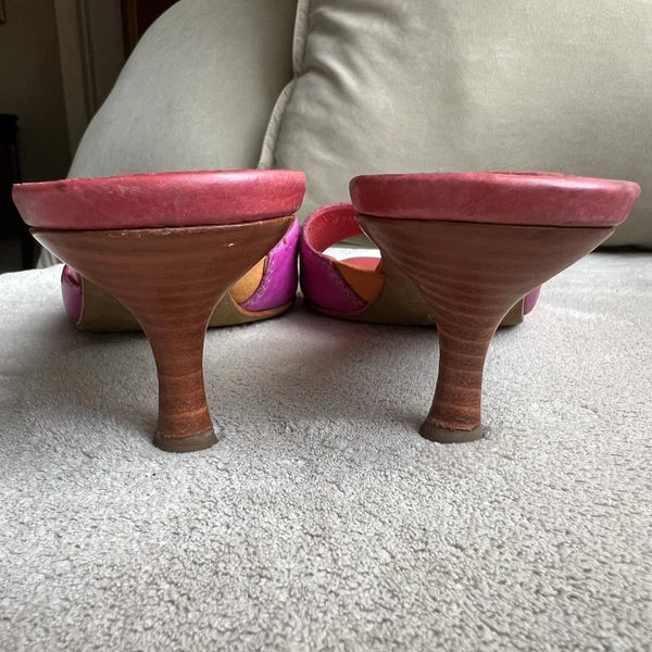 Donald J Pliner Fuschia Pink Orange Leather Kitten Heeled Sandals Women 6.5 Pop