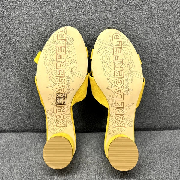 Karl Lagerfeld Sandals Women 7 M Yellow Suede Fawn Canary Slide 2" Block Heel