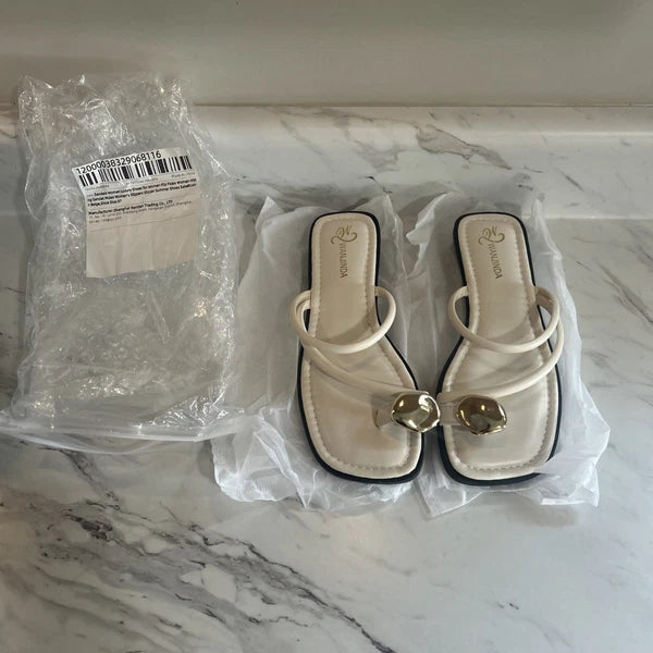 Women's Leather Strappy Metal Toe Ring Slides Sandals Fashion Comfortable Ope...