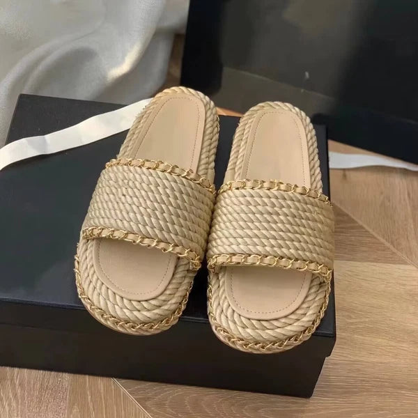 Fashion Women Weave Rope Chain Flat Slides Sandals Flip Flops Slippers Shoes