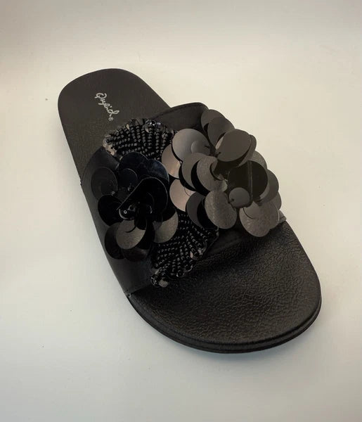 Qupid Women's Fashion Satin Black Flower Slides Sandals Flip Flops Sz 9 New