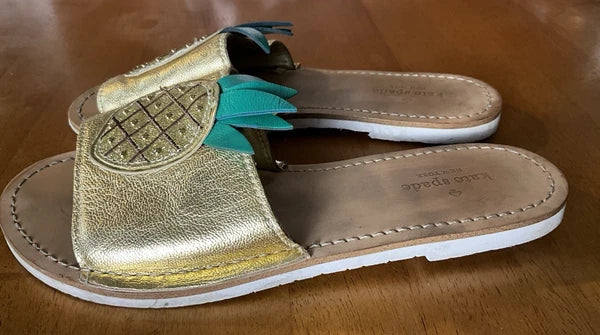 Kate Spade Womens Gold Metallic Leather Glitter Pineapple Sandals Slides Size 6
