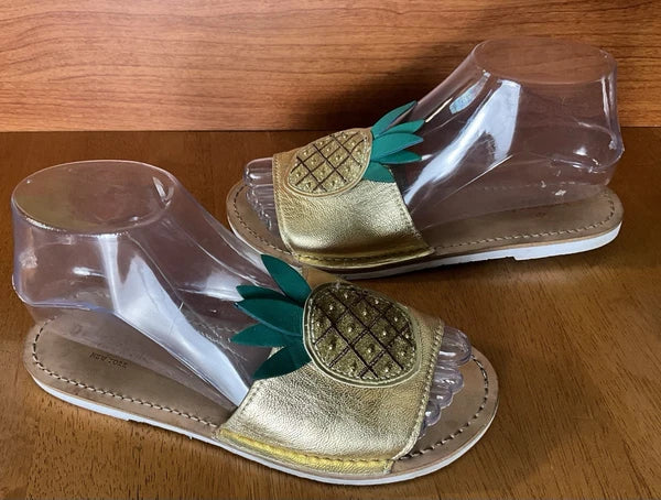 Kate Spade Womens Gold Metallic Leather Glitter Pineapple Sandals Slides Size 6