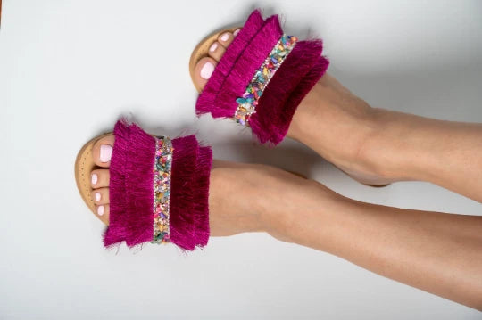 Ancient Greek style natural flat real leather fringe slide sandals handmade