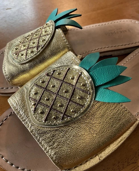 Kate Spade Womens Gold Metallic Leather Glitter Pineapple Sandals Slides Size 6