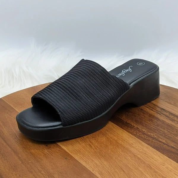 Fanfares Mule Slides Sandals 8 Black Square Toe Stretch Fabric Retro Popular 90s