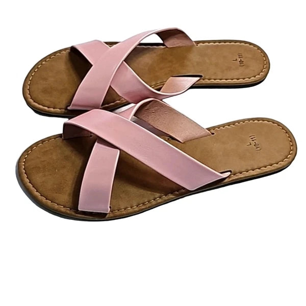 Womens Sz 10/11 Pink Criss-cross Vegan Slide Style Flat Y2K Unbranded Sandal