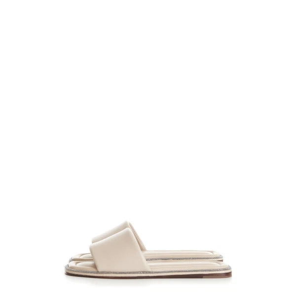 BRUNELLO CUCINELLI 895$ Slide Sandal - Sparkling Monili Trim Beige Leather Shoes
