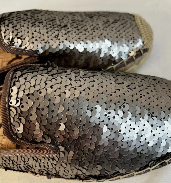 Sam Edelman Kerry Slip On Espadrille Slide Mule Flats Pewter Sequins. NWOB