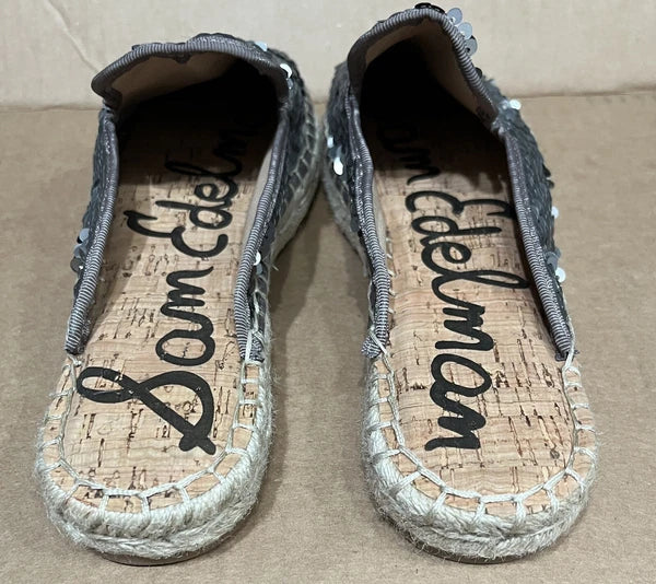 Sam Edelman Kerry Slip On Espadrille Slide Mule Flats Pewter Sequins. NWOB