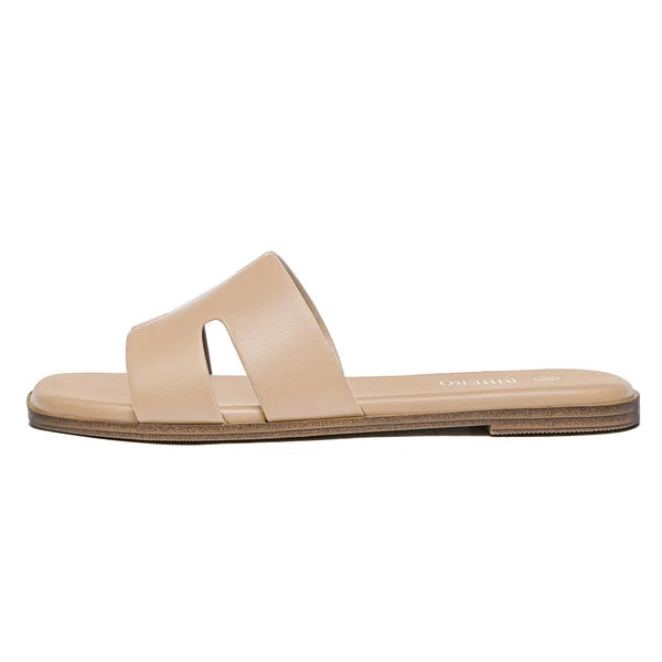 Women's Comfortable Leather Slide Sandals, Dressy Flat Slip-On, Tan