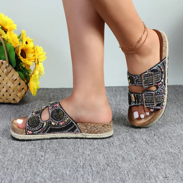 Glaze Women's Beaded Rhinestone Sandal Buckle Cork Footbed Slides Bohemian Style