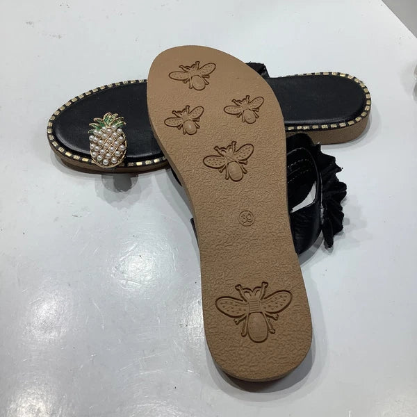 Women‘s Blk. Fashion Casual Ring Toe Pineapple Flat Slippers Slides Shoes Sz 8M