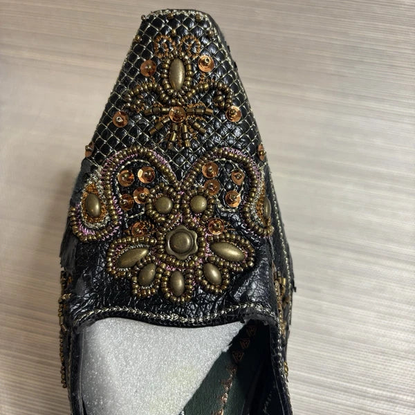 John Fashion Black Boho Beaded Sequin Slide Slip on Dress Shoes Size 9 NEW