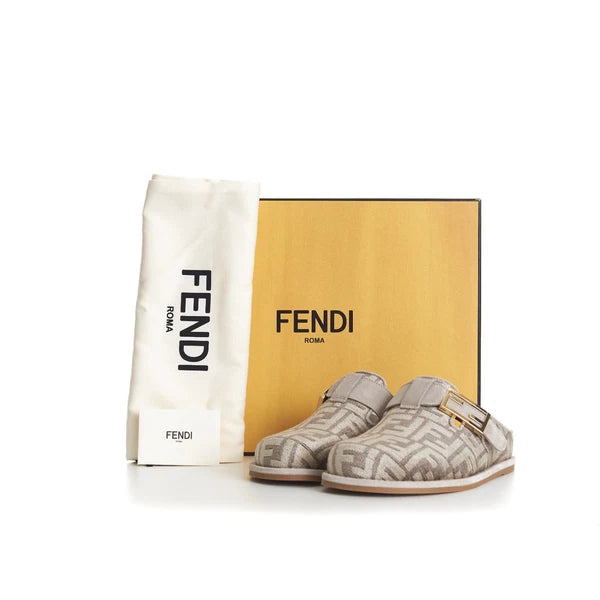 FENDI 995$ Dove Gray Chenille Sabots Sandals - FF Motif / FF Buckle