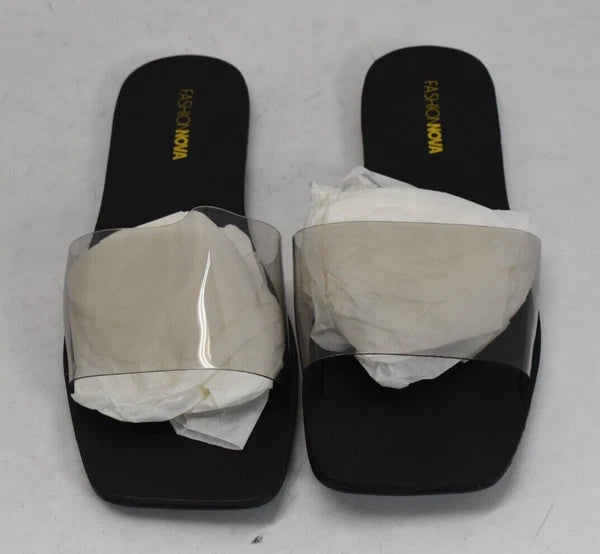 Fashion Nova Libra Black Sandals Clear Thick Strap Slip On Sandals Open Toe Sz 9