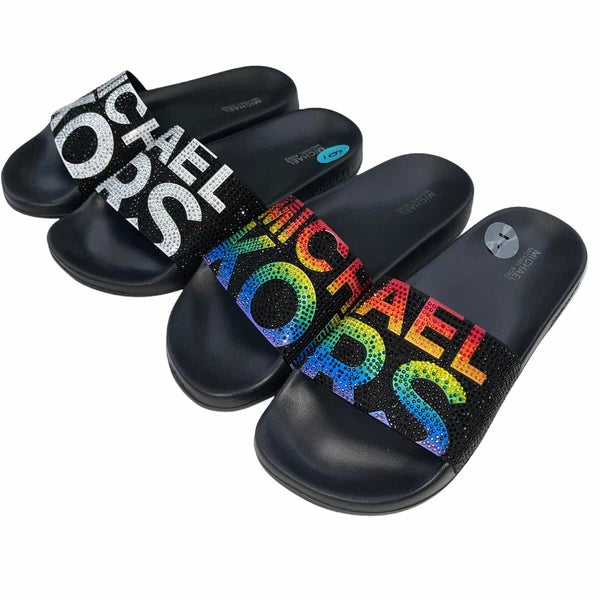 Michael Kors Slides Womens Rhinestones Rainbow Black Bling Sparkly Pride Gilmore