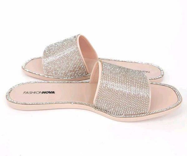 Fashion Nova Sandals Womens 10 w/ Box Flats Silver Rhinestones Slides Slip On