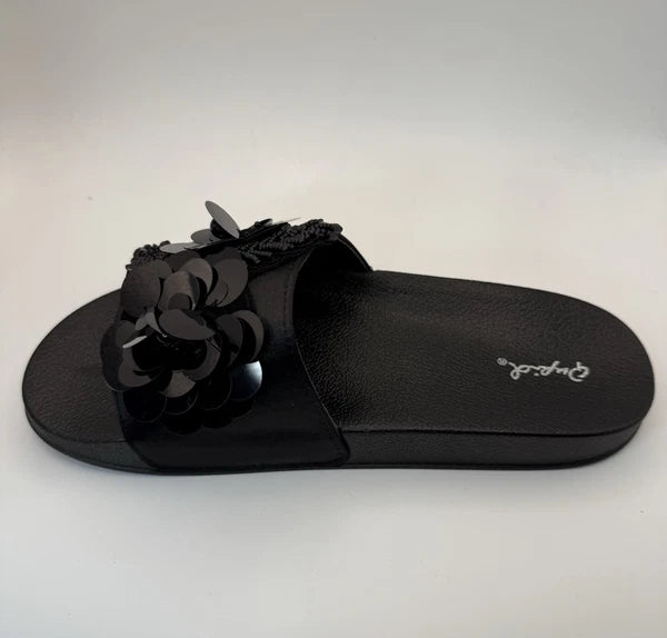 Qupid Women's Fashion Satin Black Flower Slides Sandals Flip Flops Sz 9 New