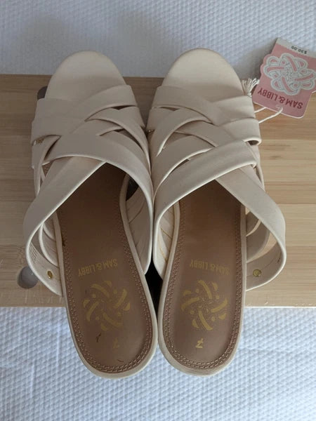 Sam & Libby Womens Cayla Ivory Faux Leather Cork Wedge Slide Size 7 Sandals