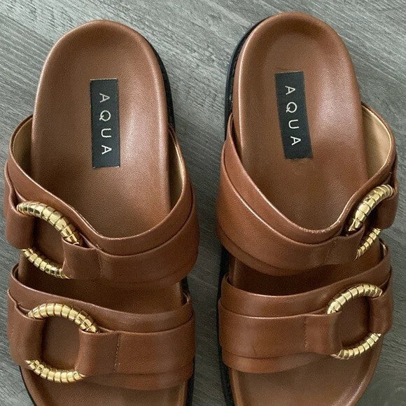 Aqua Bloomingdales Leather Arizona Style Slides Womens 6.5 Brown Gold Black $128