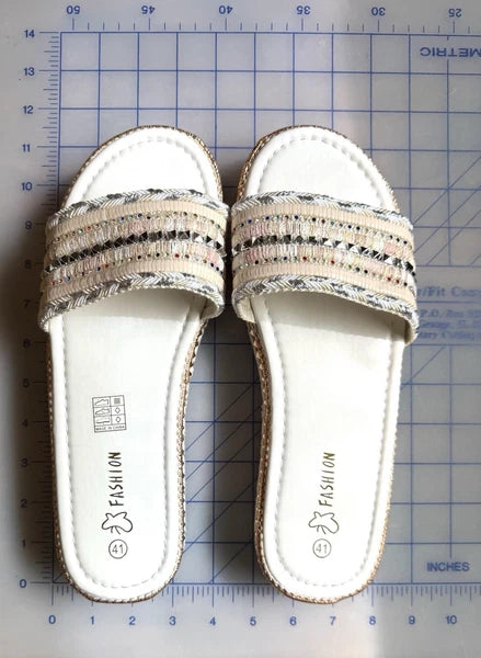 Summer Fashion Slides Sandals Women’s Size 10-10.5  New White Bling 1.25” Sole